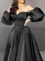 Stylish A-line Off-the-Shoulder Long Sleeves Sweep Train Satin Prom Dress