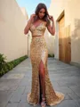 Sheath/Column Spaghetti Straps Sleeveless Court Train Elegant Prom Dress