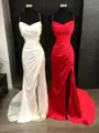 Sheath/Column Spaghetti Straps Body-contouring Sleeveless Sweep Train Silk like Satin Prom Dress