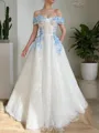 A-line Off-the-Shoulder Sleeveless Floor-Length Flowing Lace Corset Prom Dress
