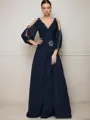 Timeless A-line V-Neck Long Sleeves Floor-Length Chiffon Prom Dress With Slit
