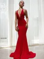 Sheath/Column V-Neck Mesmerizing Sleeveless Sweep Train Jersey Prom Dress