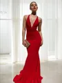 Sheath/Column V-Neck Mesmerizing Sleeveless Sweep Train Jersey Prom Dress