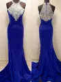 Trumpet/Mermaid Halter Flattering Sleeveless Sweep Train Jersey Prom Dress With Beading