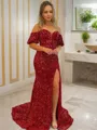 Sheath/Column Off-the-Shoulder Short Sleeves Court Train Sparkly Velvet Sequins Prom Dress