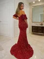 Sheath/Column Off-the-Shoulder Short Sleeves Court Train Sparkly Velvet Sequins Prom Dress