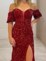 Sheath/Column Off-the-Shoulder Short Sleeves Court Train Sparkly Velvet Sequins Prom Dress