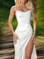 Sheath/Column Spaghetti Straps Confident Sleeveless Sweep Train Silk like Satin Prom Dress