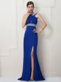 Sheath/Column High Neck Sleeveless Glam Sweep Train Chiffon Prom Dress With Slit
