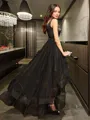 A-line Princess V-Neck Sleeveless Asymmetrical Dreamy Tulle Prom Dress With Ruffles