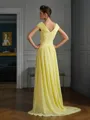 A-line Exquisite V-Neck Short Sleeves Sweep Train Chiffon Prom Dress With Beading Pleats