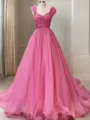 A-line V-Neck Sleeveless Sweep Train Classy Organza Prom Dress
