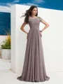 A-line Sheer Neck Short Sleeves Floor-Length Chiffon Graceful Prom Dress With Beading