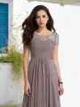 A-line Sheer Neck Short Sleeves Floor-Length Chiffon Graceful Prom Dress With Beading