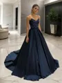 A-line V-Neck Sleeveless Classic Sweep Train Satin Corset Prom Dress