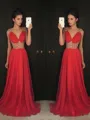 A-line V-Neck Sleeveless Sweep Train Timeless Chiffon Prom Dress With Beading
