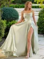 A-line Spaghetti Straps Sleeveless Sweep Train Modest Silk like Satin Prom Dress
