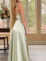 A-line Spaghetti Straps Sleeveless Sweep Train Modest Silk like Satin Prom Dress