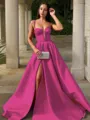 A-line Spaghetti Straps Sleeveless Sweep Train Satin Chic Prom Dress