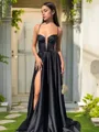 A-line Spaghetti Straps Sleeveless Sweep Train Satin Chic Prom Dress