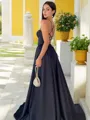 A-line Spaghetti Straps Sleeveless Sweep Train Satin Chic Prom Dress