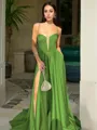 A-line Spaghetti Straps Sleeveless Sweep Train Satin Chic Prom Dress
