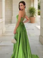 A-line Spaghetti Straps Sleeveless Sweep Train Satin Chic Prom Dress