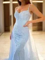 A-line Princess Spaghetti Straps Beautiful Sleeveless Court Train Tulle Prom Dress
