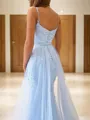 A-line Princess Spaghetti Straps Beautiful Sleeveless Court Train Tulle Prom Dress