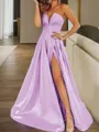 A-line Strapless Sleeveless Sweep Train Subtle Satin Prom Dress