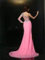 Sheath/Column One-Shoulder Long Sleeves Court Train Chiffon Stylish Prom Dress With Slit