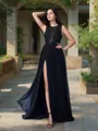 Elegant A-line Scoop Sleeveless Sweep Train Chiffon Prom Dress With Applique
