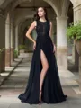 Elegant A-line Scoop Sleeveless Sweep Train Chiffon Prom Dress With Applique