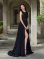 Elegant A-line Scoop Sleeveless Sweep Train Chiffon Prom Dress With Applique