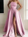 A-line Chic Strapless Sleeveless Sweep Train Satin Prom Dress