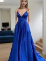 A-line V-Neck Sleeveless Charming Sweep Train Satin Prom Dress