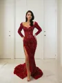 Sheath/Column Sweetheart Long Sleeves Sweep Train sparking Velvet Sequins Prom Dress