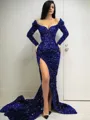Sheath/Column Sweetheart Long Sleeves Sweep Train sparking Velvet Sequins Prom Dress