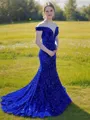 Sheath/Column Off-the-Shoulder Sleeveless Sweep Train Dazzling Velvet Sequins Prom Dress