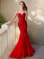 Trumpet/Mermaid Sophisticated Sheer Neck Sleeveless Sweep Train Tulle Prom Dress With Applique