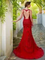 Trumpet/Mermaid Sophisticated Sheer Neck Sleeveless Sweep Train Tulle Prom Dress With Applique