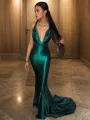 Sheath/Column V-Neck Sleeveless Sweep Train Bodycon Silk like Satin Prom Dress