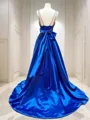 A-line V-Neck Sleeveless Court Train Satin Trendy Prom Dress