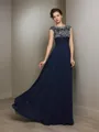 A-line Fashion Scoop Short Sleeves Floor-Length Chiffon Prom Dress With Beading