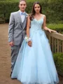 Dazzling A-line Princess V-Neck Sleeveless Floor-Length Tulle Corset Prom Dress