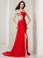 Trumpet/Mermaid Sensual One-Shoulder Sleeveless Sweep Train Chiffon Prom Dress With Beading Pleats