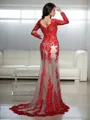 Trumpet/Mermaid V-Neck Long Sleeves Sweep Train Lace Flair Prom Dress With Applique