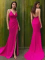 Timeless Sheath/Column V-Neck Sleeveless Sweep Train Jersey Prom Dress