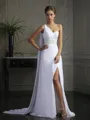 Sheath/Column Elegant One-Shoulder Sleeveless Sweep Train Open Back Chiffon Prom Dress With Beading