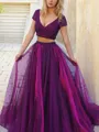 A-line Princess V-Neck Short Sleeves Floor-Length Elegant Tulle Prom Dress With Beading